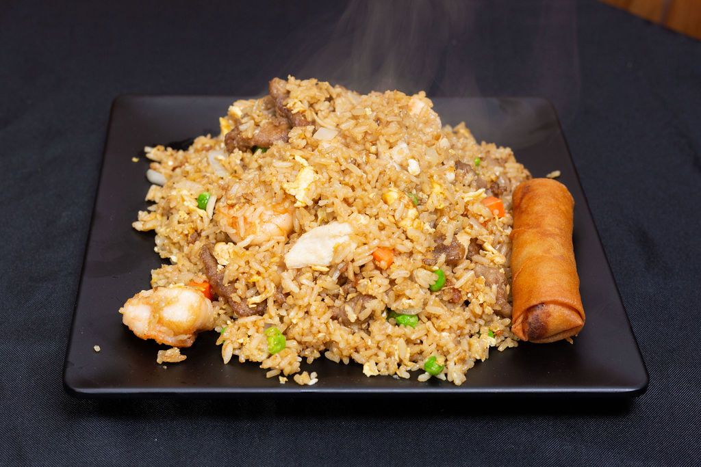 Combo fried rice with shrimp, beef and chicken and an egg roll