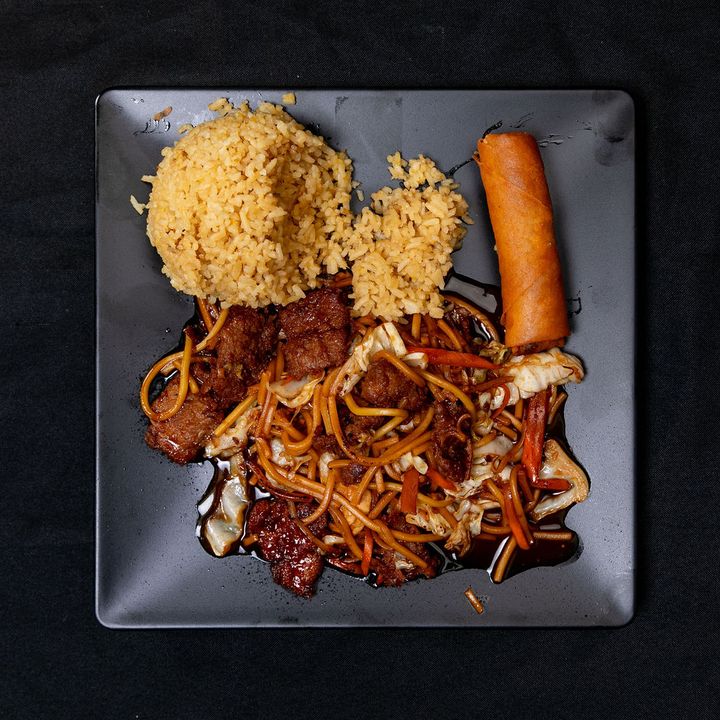 Beef lo mein with fried rice and an egg roll