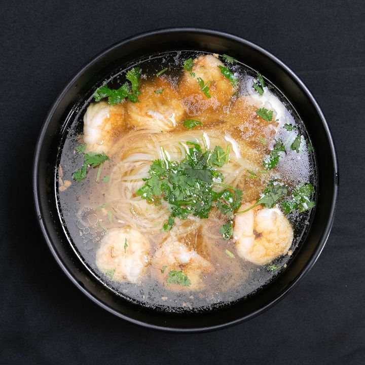 Pho with shrimp and fresh herbs