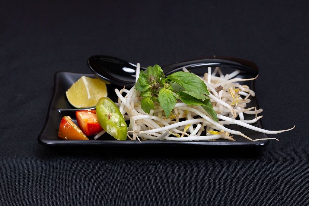 Herb and bean sprout garnish plate