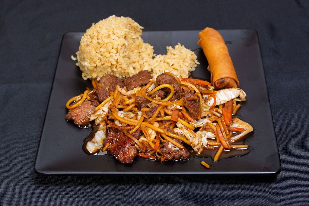 Beef lo mein with fried rice and an egg roll